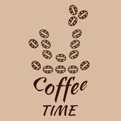 Coffee grains paisley pattern in warm brown colors. Coffee cup shape and text Coffee Time. Vector drawing for packaging, advertising, background design, cafe menu, restaurant.