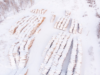 Log storage forest, winter logging, sawmill. Top view, aerial.