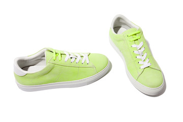 Real leather low top sneakers layout in neon green color