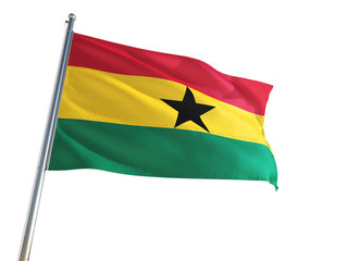 Ghana National Flag waving in the wind, isolated white background. High Definition