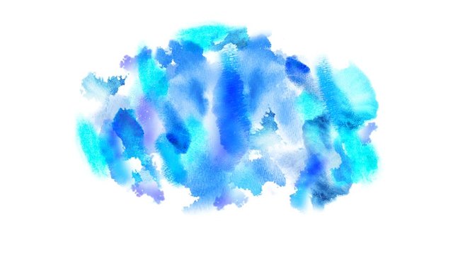 Beautiful blue spot appears on a white background. Light cyan and azure paints spreads on paper forming a blot. 4K motion graphic.