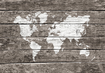 CARTE DU MONDE SUR BOIS ANCIEN