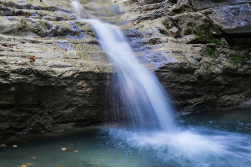 Small clean mountain river waterfall and green overgrown river banks