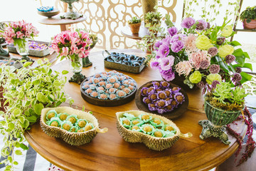 Wedding Setup. Sweet table with decoration and flowers 