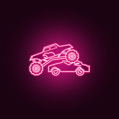 Bigfoot car rides through cars neon icon. Elements of bigfoot car set. Simple icon for websites, web design, mobile app, info graphics