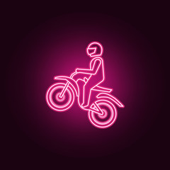 Fototapeta na wymiar The rider raises the wheel neon icon. Elements of bigfoot car set. Simple icon for websites, web design, mobile app, info graphics