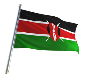 Obraz premium Kenya National Flag waving in the wind, isolated white background. High Definition