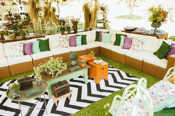 Wedding lounge decoration with sofa, table and objects