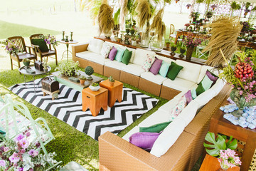 Wedding lounge decoration with sofa, table and objects