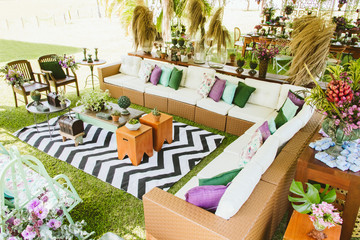 Wedding lounge decoration with sofa, table and objects