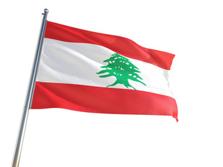 Fototapeta na wymiar Lebanon National Flag waving in the wind, isolated white background. High Definition