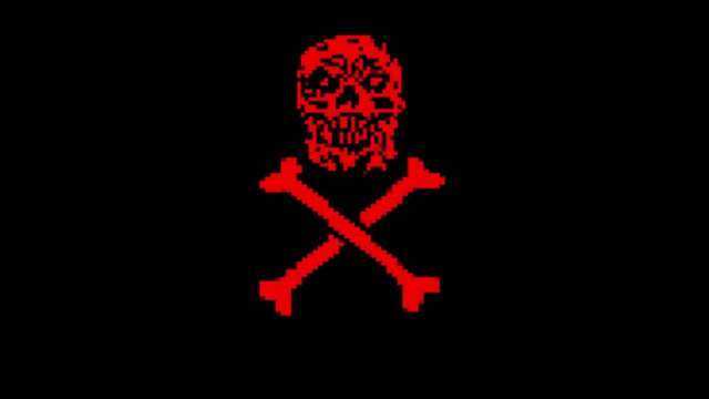 Game over red logo with skull and bones. Loop animation in 8 bit effect. Genre of horror background.