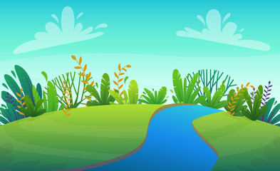 green grass lawn with river at park or forest trees and bushes flowers scenery background , nature lawn ecology peace vector illustration of forest nature happy funny cartoon style landscape