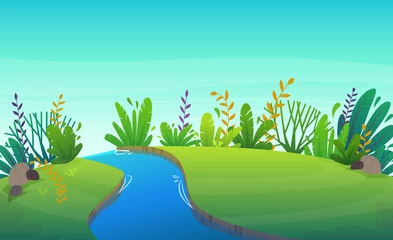 Zelfklevend Fotobehang groen gras gazon met rivier in park of bos bomen en struiken bloemen landschap achtergrond, natuur gazon ecologie vrede vector illustratie van bos natuur gelukkig grappige cartoon stijl landschap © Vectorville