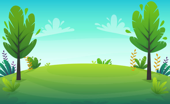 green grass barbeque grill at park or forest trees and bushes flowers scenery background , nature lawn ecology peace vector illustration of forest nature happy funny  picnic cartoon style landscape