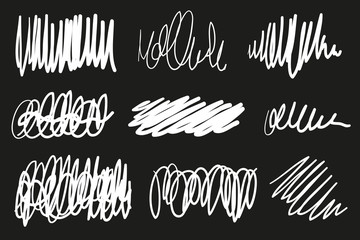 Hand drawn underlines on black. Abstract backgrounds with array of lines. Stroke chaotic patterns. Black and white illustration. Sketchy elements for design