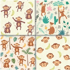 childish jungle texture with monkeys and jungle elements. seamless pattern vector set