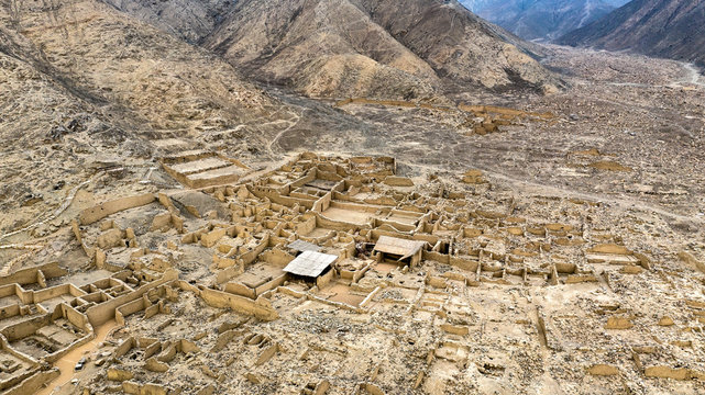 Aerial view of archeological site of Huayc&aacute;n, in Ate, Lima. Ancient pre-inca ruins depicting walls and remains of old structures in Peru.