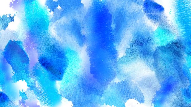 Beautiful colorful spots and blots appear on a white background. Bright blue, cyan, azure paints spreads on paper forming an abstract drawing background. 4K motion graphic.
