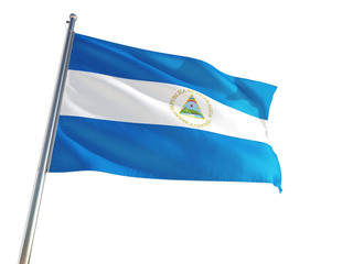 Nicaragua National Flag waving in the wind, isolated white background. High Definition