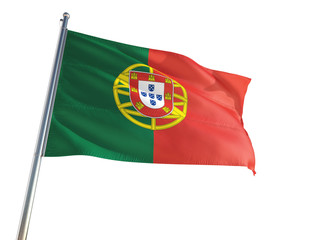 Fototapeta na wymiar Portugal National Flag waving in the wind, isolated white background. High Definition