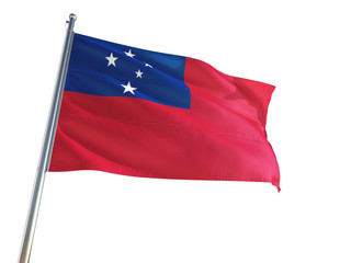 Fototapeta na wymiar Samoa National Flag waving in the wind, isolated white background. High Definition