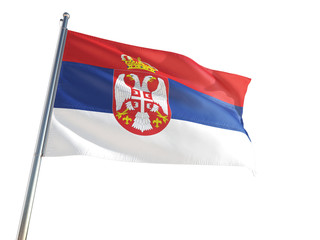 Fototapeta premium Serbia National Flag waving in the wind, isolated white background. High Definition