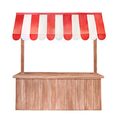 Watercolor illustration of wooden stall with red and white striped canopy, front view. Cute outdoor store symbol. Handdrawn water color graphic drawing, cutout clipart element for design, card, print.