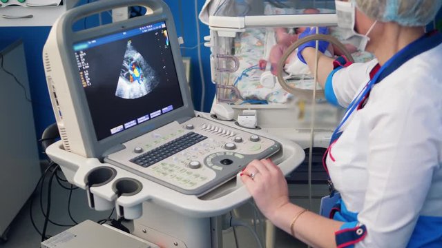 Female doctor uses ultrasound machine to check a newborn's heart.