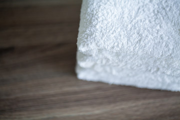 Spa. White Cotton Towels Use In Spa Bathroom. Towel Concept. Photo For Hotels and Massage Parlors. Purity and Softness. Towel Textile