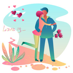 Beautiful colorful card with a romantic pair of lovers, hearts and hugs. Young man and woman hugging passionately on a summer day. Template, flat design, colorful gradients, vector illustration