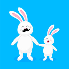 White rabbit dad and child. Happy father's day. Cute cartoon character design. Vector illustration isolated on blue background.