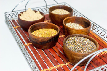  Containers with chia seed, sesame, sunflower and alfalfa. Peruvian Maca bonus