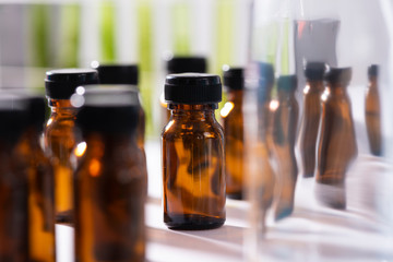 The scientist test the natural product extract, oil and biofuel solution, in the chemistry laboratory