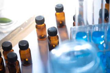 Chemical laboratory equipment Glassware for research and blue matter