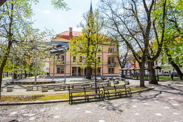Park with small amphitheatre and Town hall in Old town of Levoca - UNESCO (SLOVAKIA)