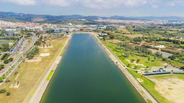 Barcelona. Aerial view in Castelldefels, coastal village of Barcelona. Drone Photo