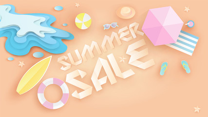 Illustration of Summer sale banner design in top view beach background and decoration. Aerial view of summer beachside and summer sale text. paper cut and craft style. vector, illustration.