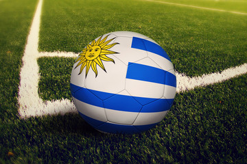 Uruguay ball on corner kick position, soccer field background. National football theme on green...