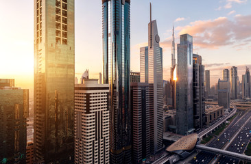 Aerial view of cityscape at sunrise in Dubai.UAE	