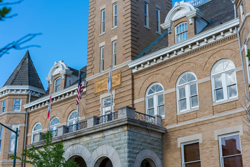 Historic Washington County Courthouse building in Fayetteville Arkansas, college ave, sunny summer...