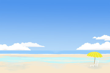 パラソルとビーチチェアのある夏の海辺のイラスト