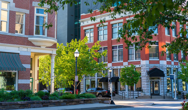 Building facade at sunset view, historical square downtown Fayetteville, Northwest Arkansas