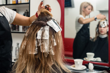 Closeup of professional hairdresser coloring hair of female client