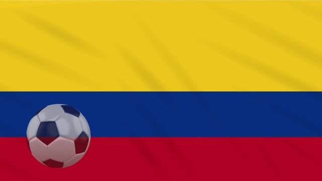 Flag of Colombia and soccer ball rotates against background of waving cloth