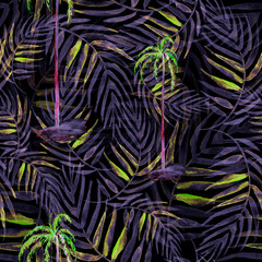 Obraz premium Seamless watercolor background from pink, purple tropical leaves, palm leaf, floral pattern. Bright Rapport for Paper, Textile, Wallpapern. Tropical leaves watercolor. Exotic tropical palm tree