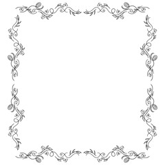 Wreath of black roses or peonies flowers and branches isolated of white. Foral frame design elements for invitations, greeting cards, posters, blogs. Hand drawn illustration. Line art. Sketch