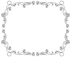 Wreath of black roses or peonies flowers and branches isolated of white. Foral frame design elements for invitations, greeting cards, posters, blogs. Hand drawn illustration. Line art. Sketch