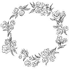Obraz premium Wreath of black roses or peonies flowers and branches isolated of white. Foral frame design elements for invitations, greeting cards, posters, blogs. Hand drawn illustration. Line art. Sketch