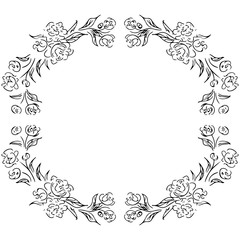 Wreath of black roses or peonies flowers and branches isolated of white. Foral frame design elements for invitations, greeting cards, posters, blogs. Hand drawn illustration. Line art. Sketch